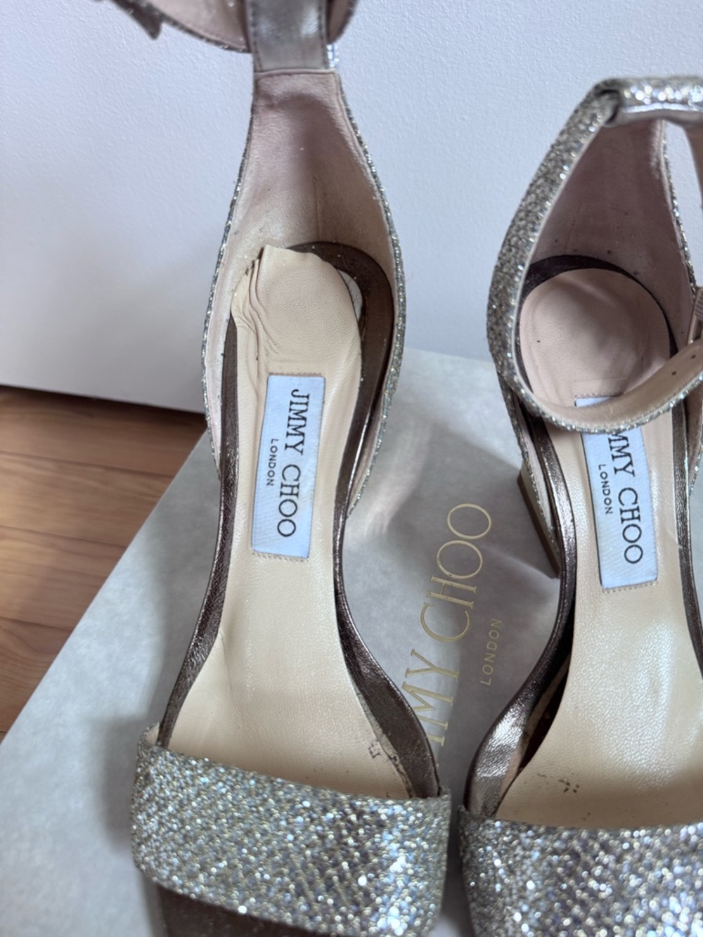 Jimmy Choo Edina 85 mm champagne Metallic Gold Glitter Ankle-Strap Block Heels - Picture 10 of 12